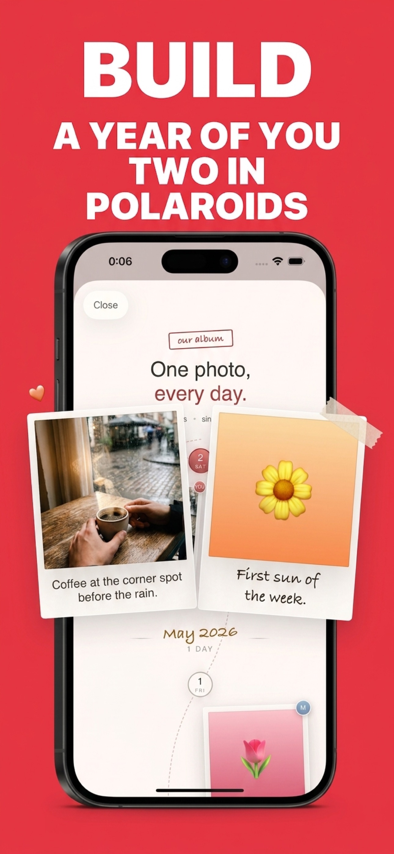 Polaroid scrapbook timeline of a couple's daily photos